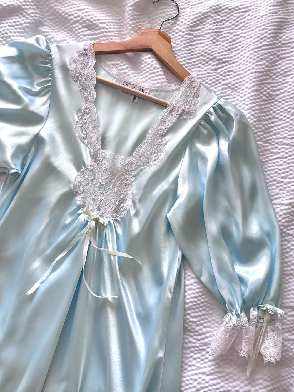 Vintage Christian Dior Baby Blue Satin Lace Night Gown Dress